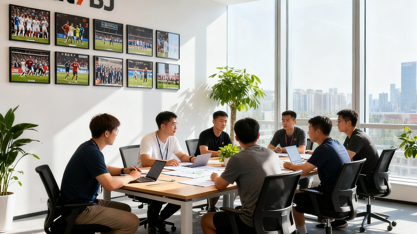 beat·365北京总部开放式办公区，团队正在协作讨论体育产业项目方案，墙面展示着历年赛事纪念照片