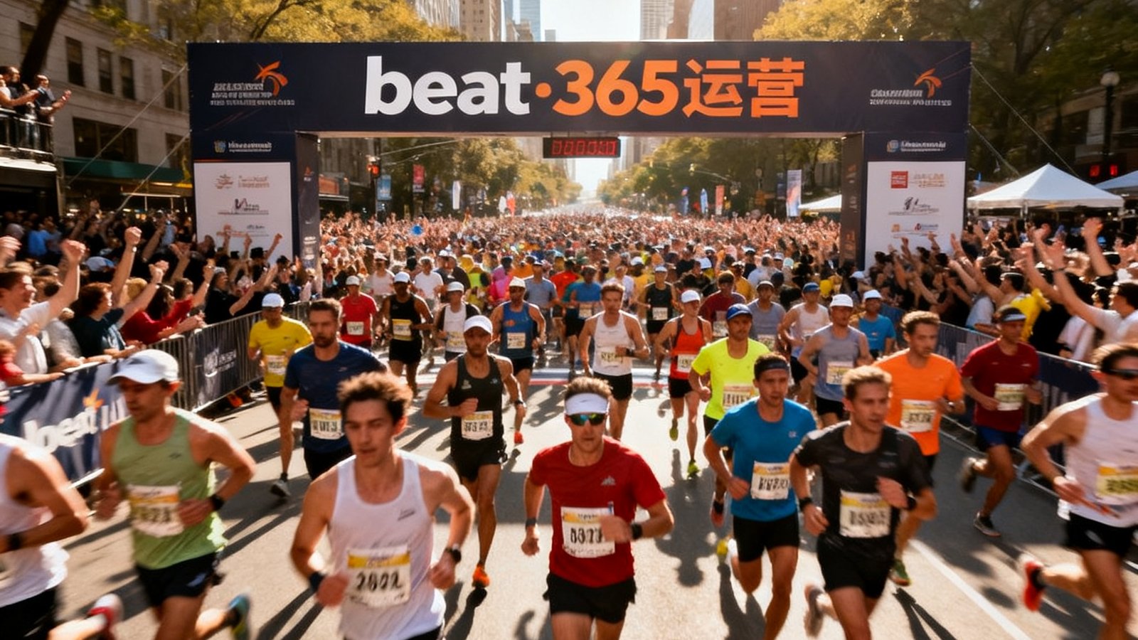 beat·365运营的城市马拉松赛事起跑瞬间，数万名参赛者冲出起跑线，赛道两旁观众热情欢呼